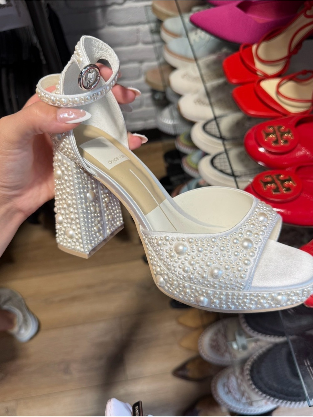 Dolce Vita Pearl-Embellished White Block Heel Sandals